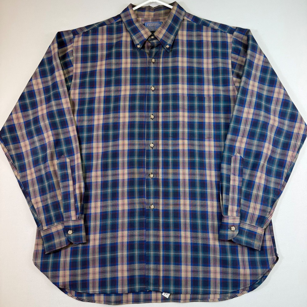Pendleton Button Down Shirt Mens XL Blue Plaid Sir Pendleton Wool Made in USA
